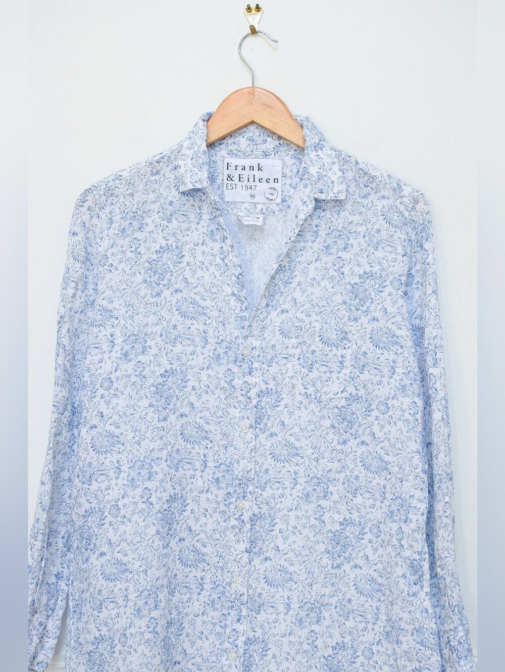 Frank & Eileen Mary Shirt Dress Linen Floral Blue White Size XS Coastal Heritage - Picture 5 of 15